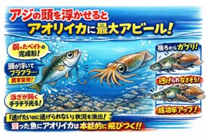 ヤエン釣りでアジの頭を浮かせて泳がせる状態は、アオリイカの本能を一番強く刺激する「弱ったベイトの完成形」だからです。釣太郎