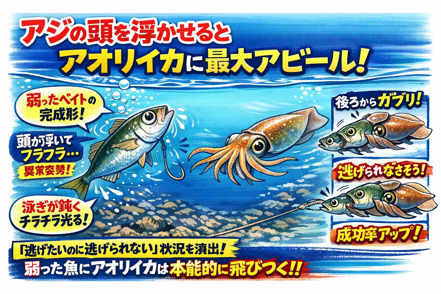 ヤエン釣りでアジの頭を浮かせて泳がせる状態は、アオリイカの本能を一番強く刺激する「弱ったベイトの完成形」だからです。釣太郎