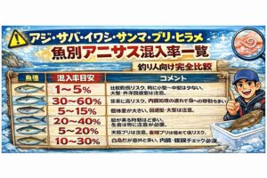 魚によって寄生虫アニサキス混入率は大きく違う。サバ・サンマは特に高リスク。アジ・イワシは比較的低め。 天然ブリ・ヒラメは注意が必要。釣太郎