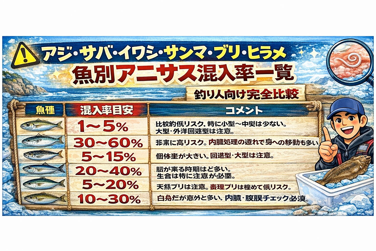 魚によって寄生虫アニサキス混入率は大きく違う。サバ・サンマは特に高リスク。アジ・イワシは比較的低め。 天然ブリ・ヒラメは注意が必要。釣太郎