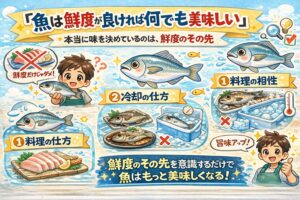 「魚は鮮度が良ければ何でも美味しい」は半分ウソ。鮮度は最低条件にすぎない。料理の選択ミスで味は大きく落ちる。冷却と扱い方が美味しさを左右する。釣太郎