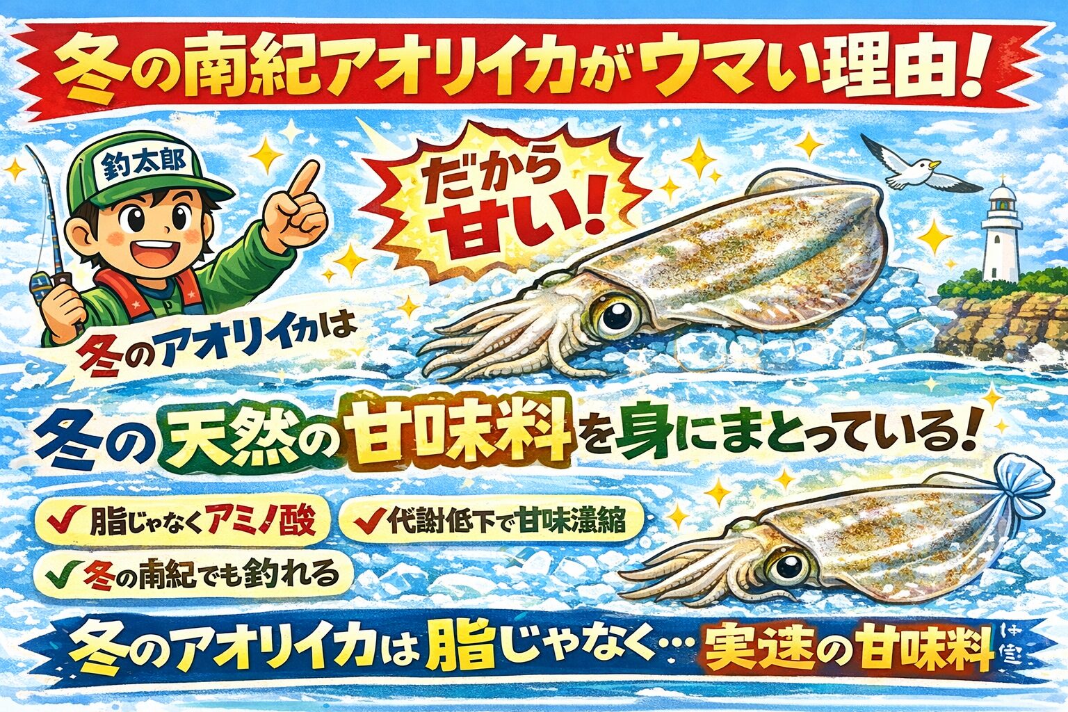 冬アオリイカの甘さはアミノ酸由来・脂ではなく「天然の甘味料状態」・南紀は冬でもアオリイカが残る特別な海・冬の一杯は、味の完成度が極めて高い。釣太郎