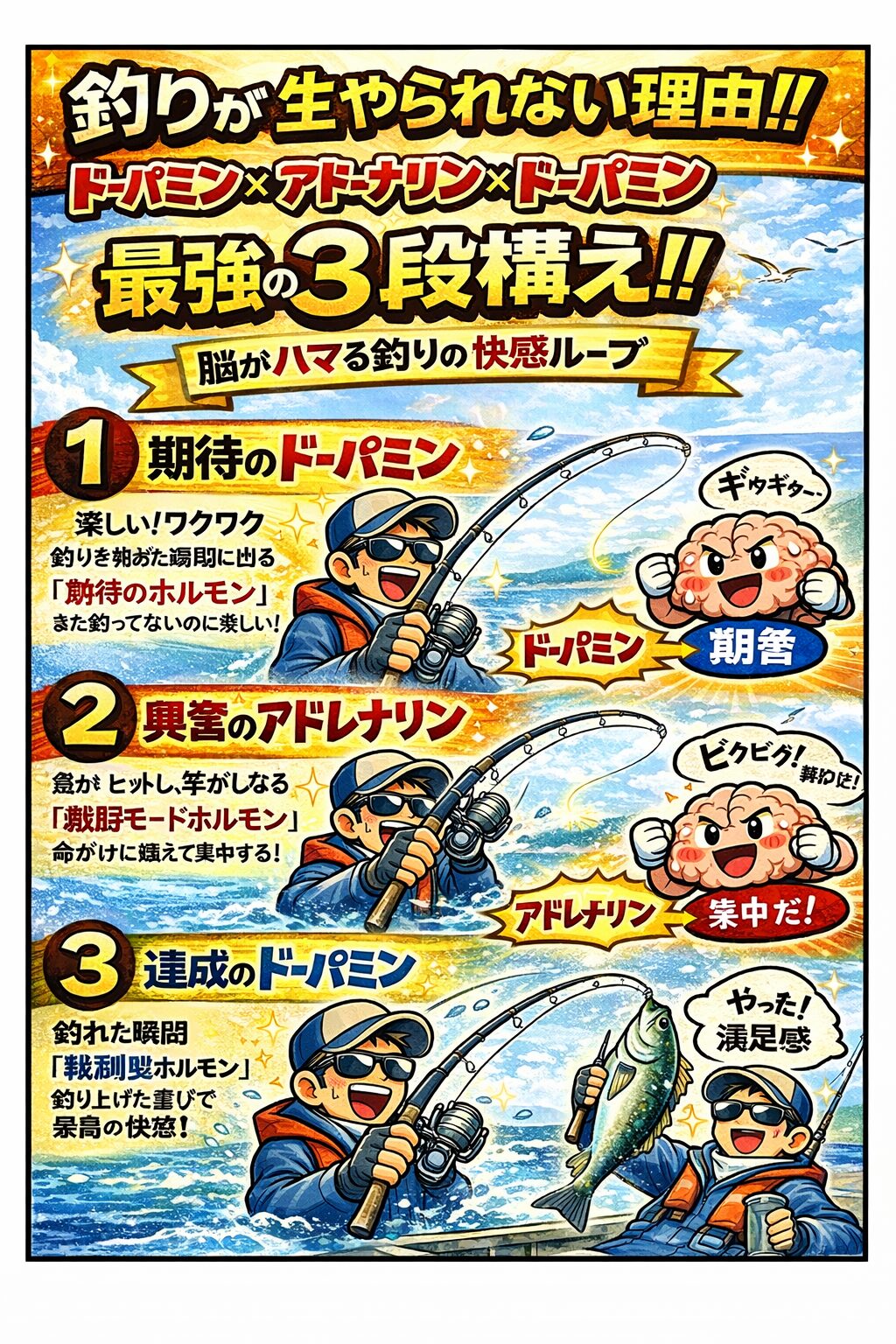 釣りは脳が認めた最高の娯楽。釣りは期待 → 興奮 → 達成。この完璧設計です。だから今日も、また海に立つ。釣太郎