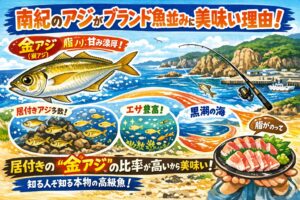 南紀のアジがブランド魚並みに美味しい最大の理由は、居付きアジ（＝金アジ・黄アジ）の比率が非常に高いこと。釣太郎