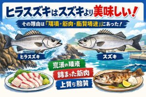 ヒラスズキがスズキより美味しい理由は、生きてきた環境の違い。が、味を変えている。 荒波が、ヒラスズキを美味しくしている。釣太郎