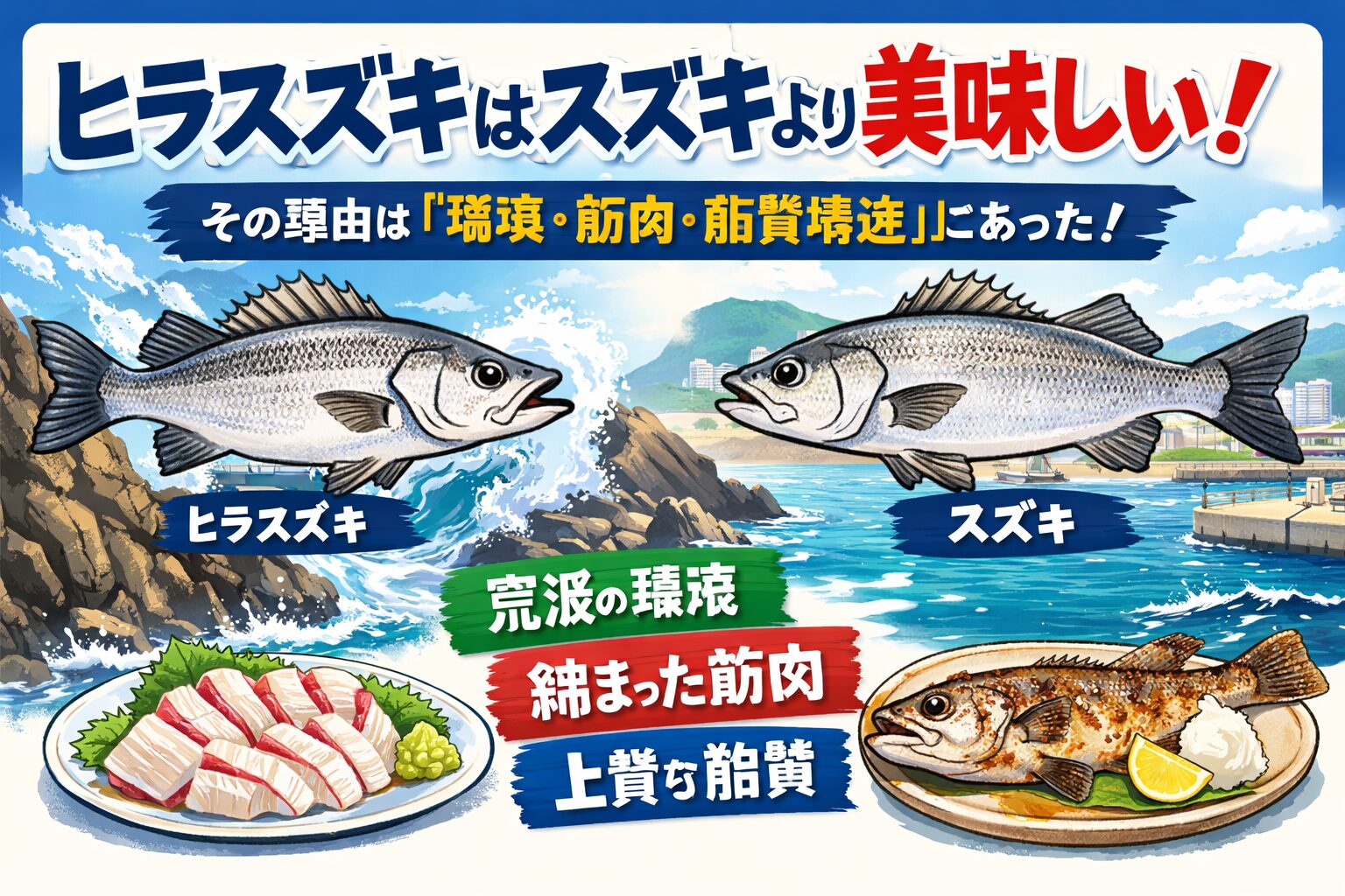 ヒラスズキがスズキより美味しい理由は、生きてきた環境の違い。が、味を変えている。 荒波が、ヒラスズキを美味しくしている。釣太郎