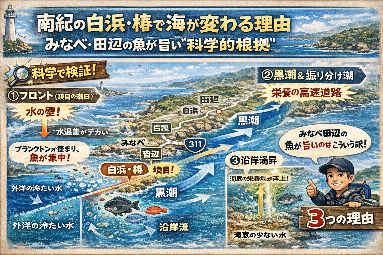 和歌山白浜椿を境に海が変わるには、フロントや黒潮の影響など、科学的に筋の通る説明がある。釣太郎