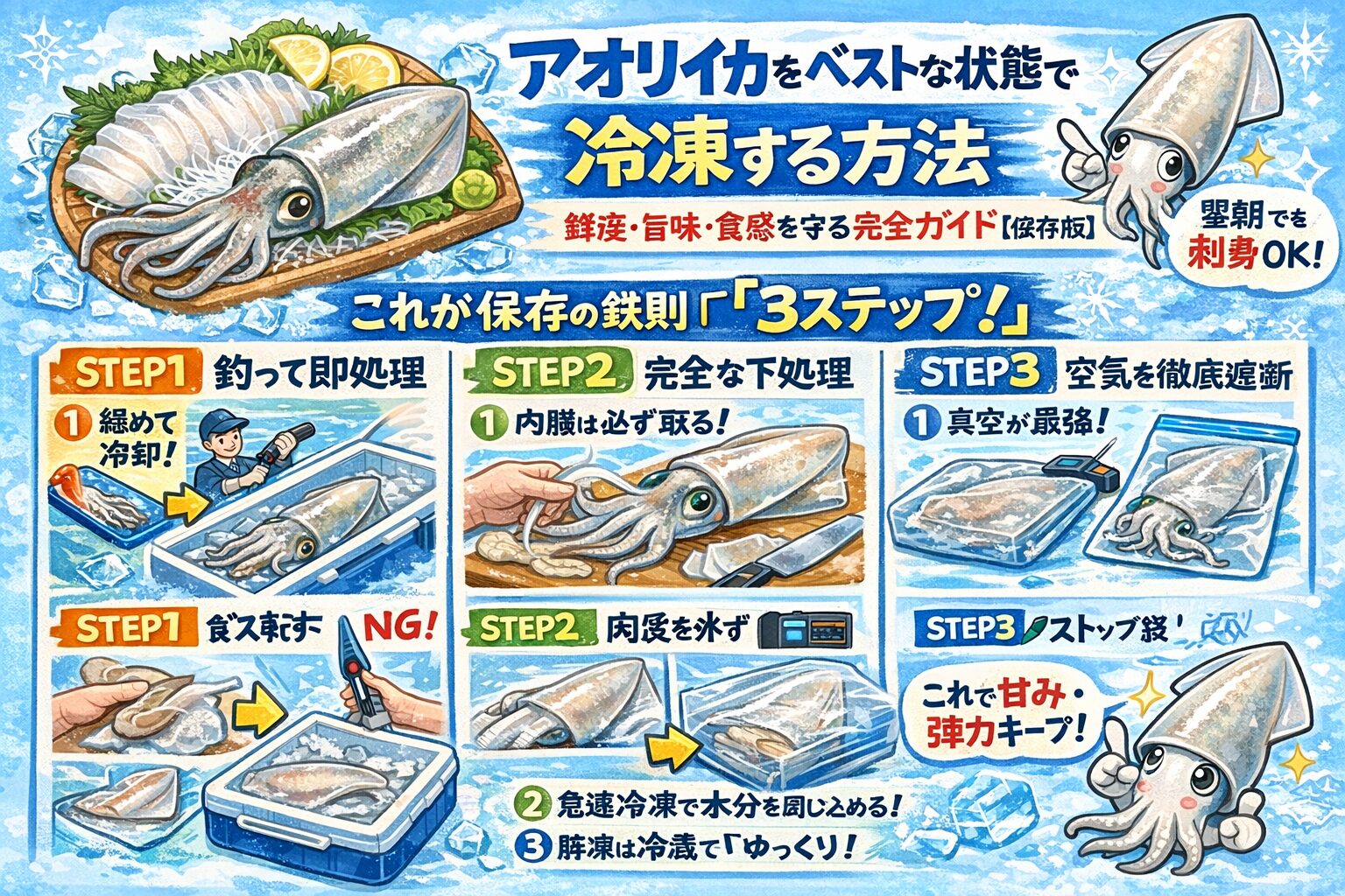 釣ったらすぐ冷やす・必ず下処理する・水分を拭く・空気を抜く・冷蔵解凍する.釣太郎