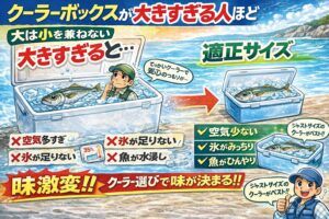 クーラーボックスが大きすぎると冷却効率が落ちる・空気、氷不足、水浸しが味を落とす・魚に合ったサイズが最重要・クーラー選び＝味の選択。釣太郎
