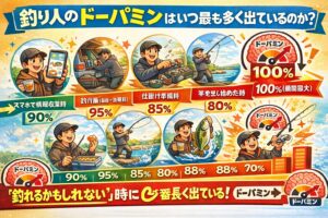 釣り人のドーパミンは、最も高く「瞬間的」に出るのはヒット時・最も長く「安定して」出るのは釣行前〜情報収集時。釣太郎