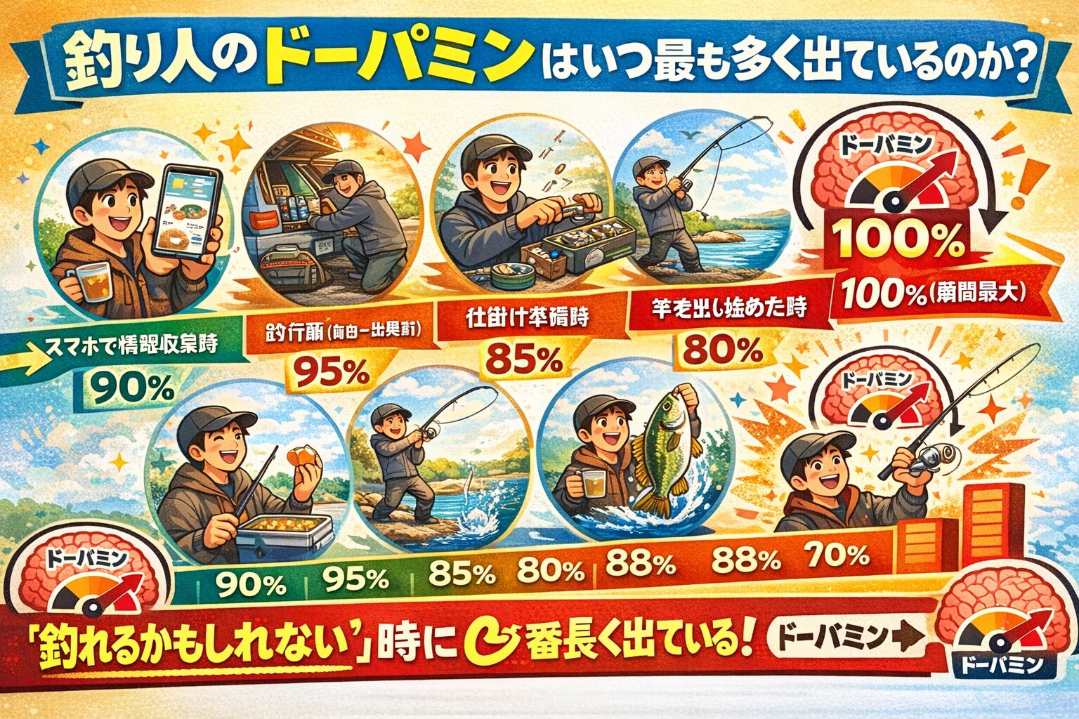 釣り人のドーパミンは、最も高く「瞬間的」に出るのはヒット時・最も長く「安定して」出るのは釣行前〜情報収集時。釣太郎