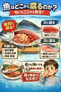 魚は身からではなく内臓から腐る。匂いも同じく内臓から発生する ・匂いがなくても安全とは限らない。という性質を持っています。釣太郎