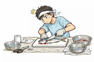 海底で魚をさばくとき、最大事故原因はまな板が滑ること・濡れタオルで防止。・10秒で安全確保。釣太郎