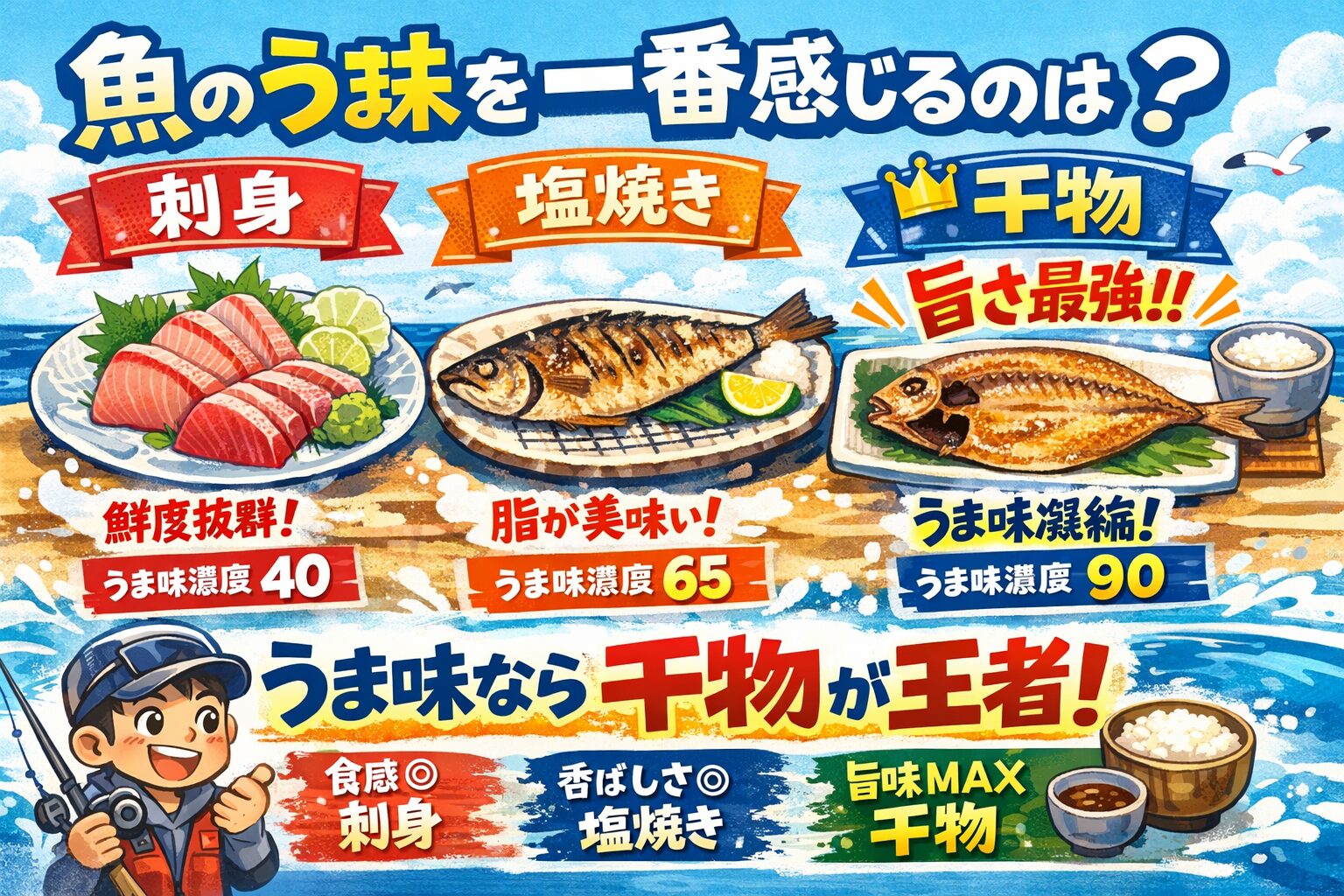 刺身＝鮮度と食感・塩焼き＝脂と香り・干物＝うま味の完成形。魚の本当の底力を知りたいなら一度は干物で食べるべき。釣太郎