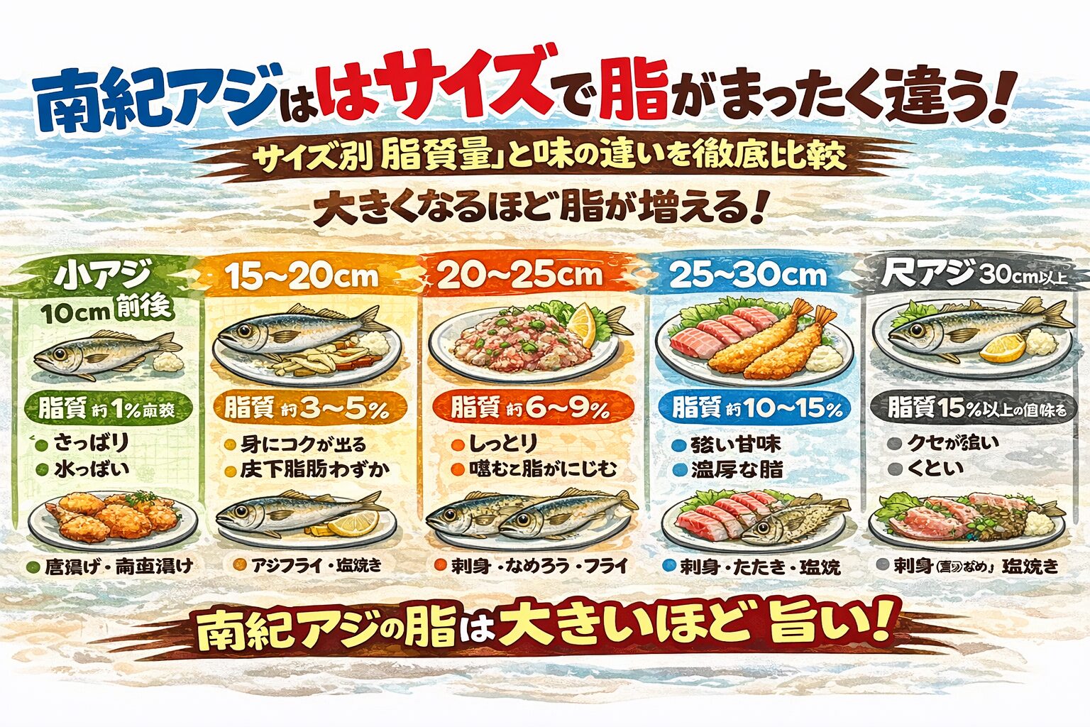 南紀アジの旨さは鮮度だけでは決まりません。サイズで脂が決まり脂で料理が決まる。 これを理解することが重要。釣太郎