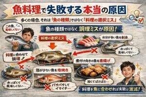 魚料理で失敗する原因は、魚の種類ではない。多くの場合、料理の選択ミスが原因。鮮度だけでは美味しさは決まらない。魚にはそれぞれ向いた料理がある。釣太郎