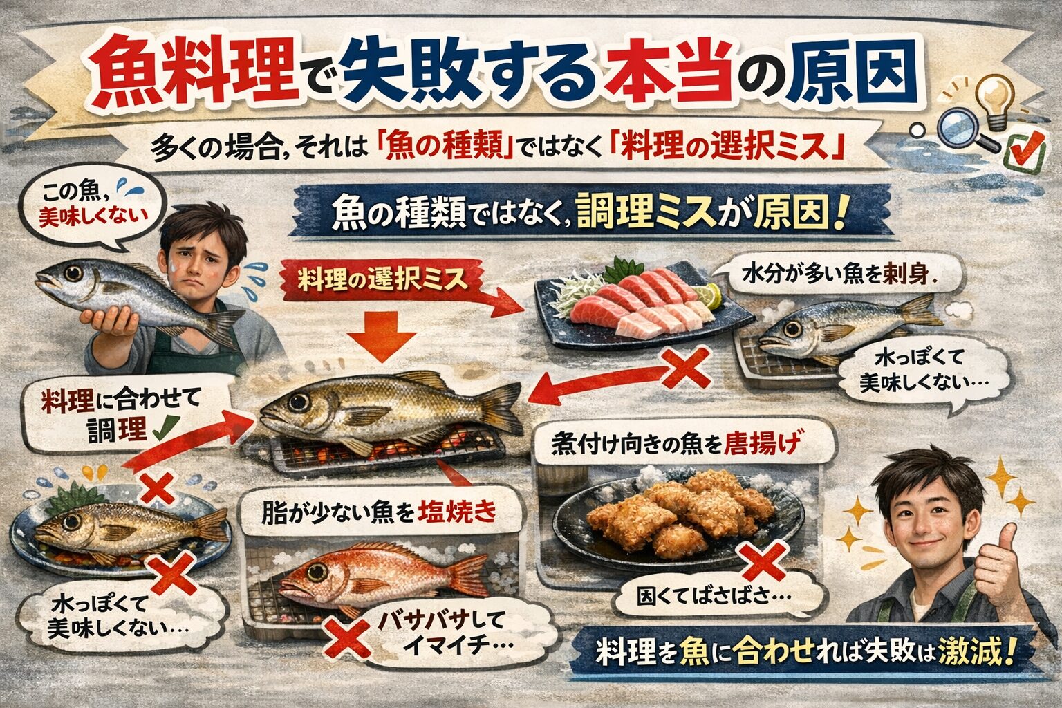 魚料理で失敗する原因は、魚の種類ではない。多くの場合、料理の選択ミスが原因。鮮度だけでは美味しさは決まらない。魚にはそれぞれ向いた料理がある。釣太郎