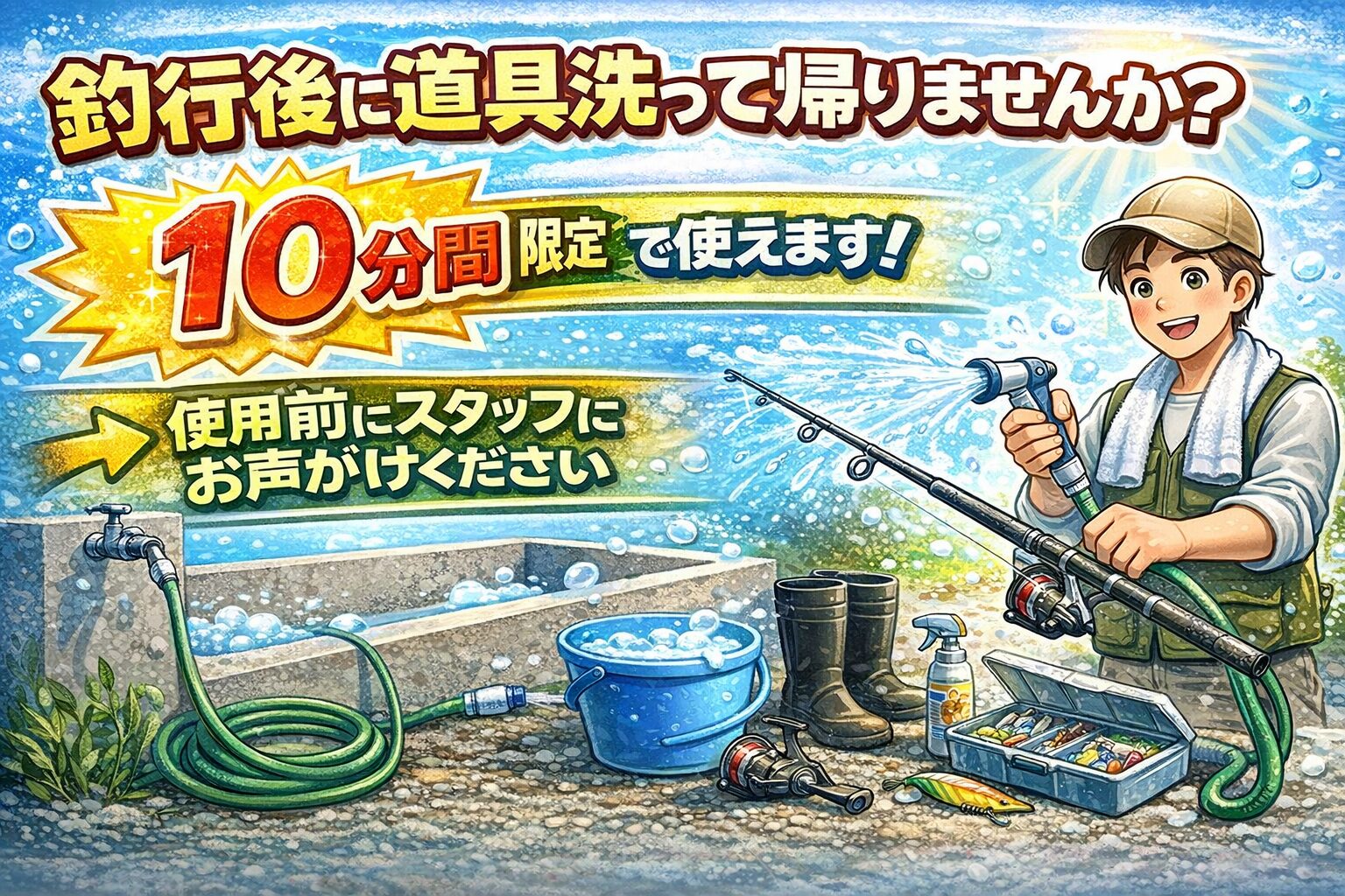 釣行後に道具を洗うかどうかで、釣具の寿命は大きく変わります。 釣太郎では、ホースを使った道具洗いが可能。10分間限定・使用前にスタッフへ声かけ