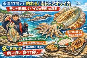 水温17度前後でもアオリイカが釣れる。 これが南紀の強みです。そして、寒い時期こそアオリイカは最も美味しい。釣太郎