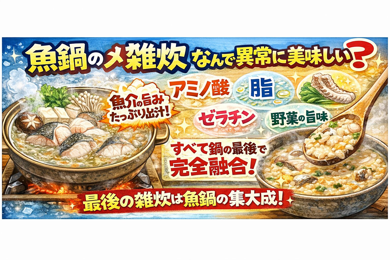 魚鍋の雑炊が美味しい理由は骨だけではない。アミノ酸が鍋全体に溶け出している。脂が旨味をまとめている。皮や血合いも重要な役割を持つ。釣太郎
