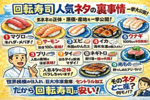 回転寿司は大量仕入れ 、冷凍技術、養殖、加工システム。この4つで成立しています。釣太郎