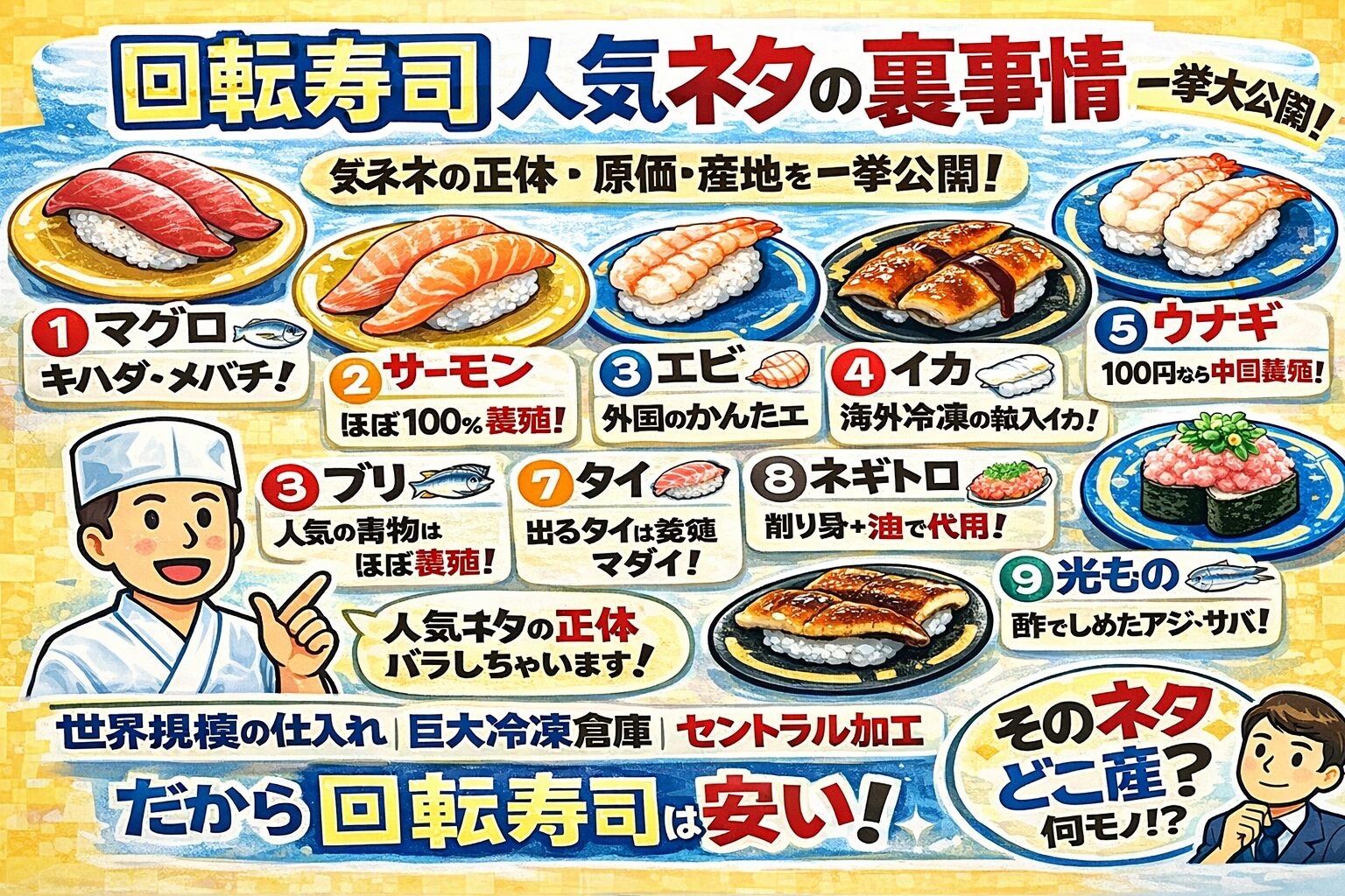 回転寿司は大量仕入れ 、冷凍技術、養殖、加工システム。この4つで成立しています。釣太郎