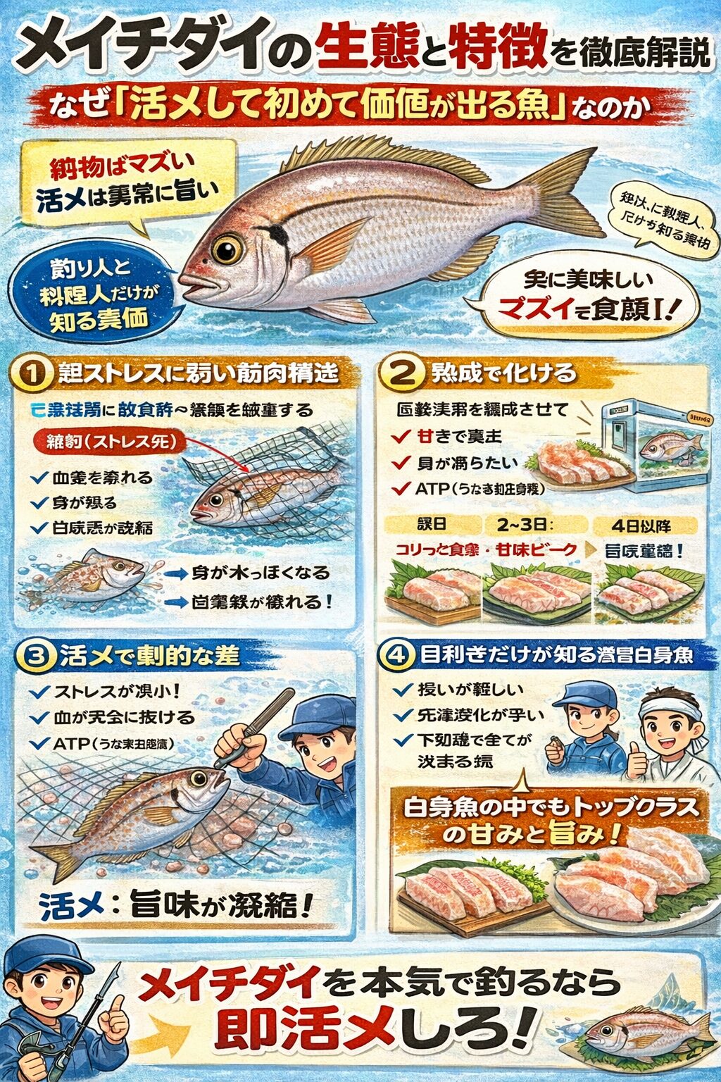 メイチダイは・活〆で初めて価値が出る・網物は評価対象外・生態を知るほど旨さが理解できる魚.釣太郎