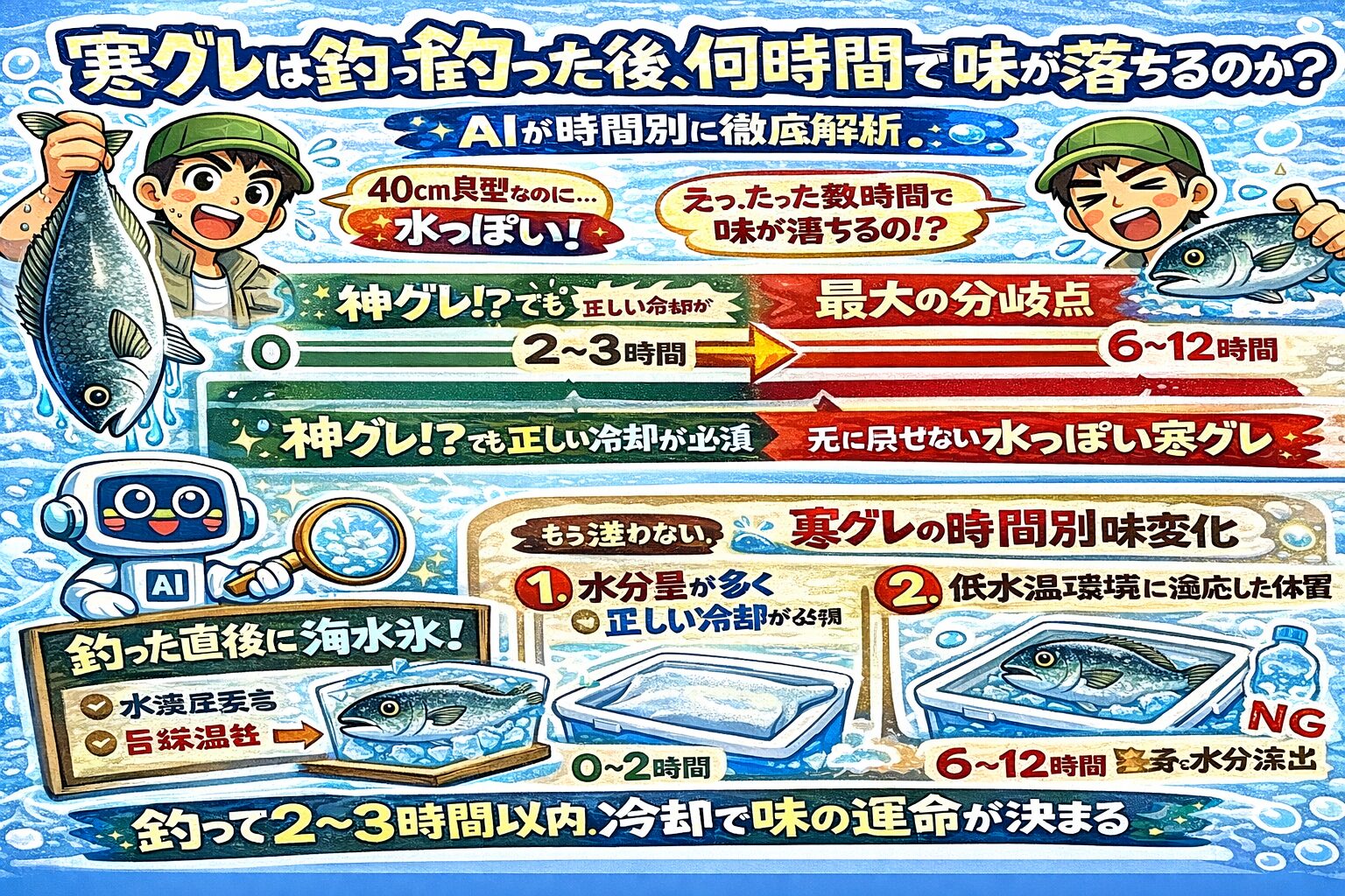 寒グレは・釣ってから ・数時間以内。この短い時間で味の運命が決まります。特に2〜3時間が最大の分岐点。釣太郎