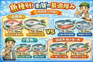 刺身の厚みは魚種ごとに変えるのが正解。基本の考え方は・白身魚はやや厚め・青魚は中厚・脂が強い魚は控えめ。釣太郎