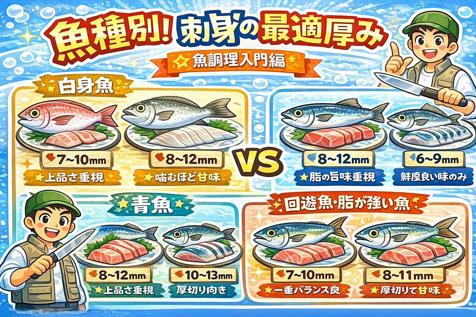 刺身の厚みは魚種ごとに変えるのが正解。基本の考え方は・白身魚はやや厚め・青魚は中厚・脂が強い魚は控えめ。釣太郎