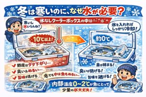 冬は寒い。しかし、 クーラーボックスの中は寒くありません。冬でも魚は温かい・氷がなければ温度は下がらない・味は確実に落ちる。この事実を知るだけで、冬の釣果の価値は大きく変わります。釣太郎
