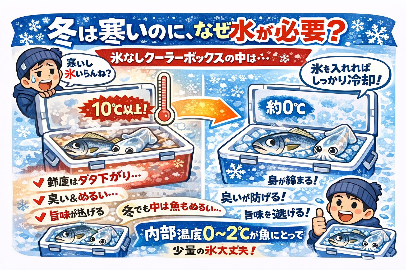 冬は寒い。しかし、 クーラーボックスの中は寒くありません。冬でも魚は温かい・氷がなければ温度は下がらない・味は確実に落ちる。この事実を知るだけで、冬の釣果の価値は大きく変わります。釣太郎