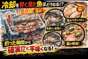 魚と冷却。魚は釣った瞬間から劣化が始まる ・冷却が遅いと自己消化と菌増殖が止まらない。見た目が良くても味は壊れている。釣太郎