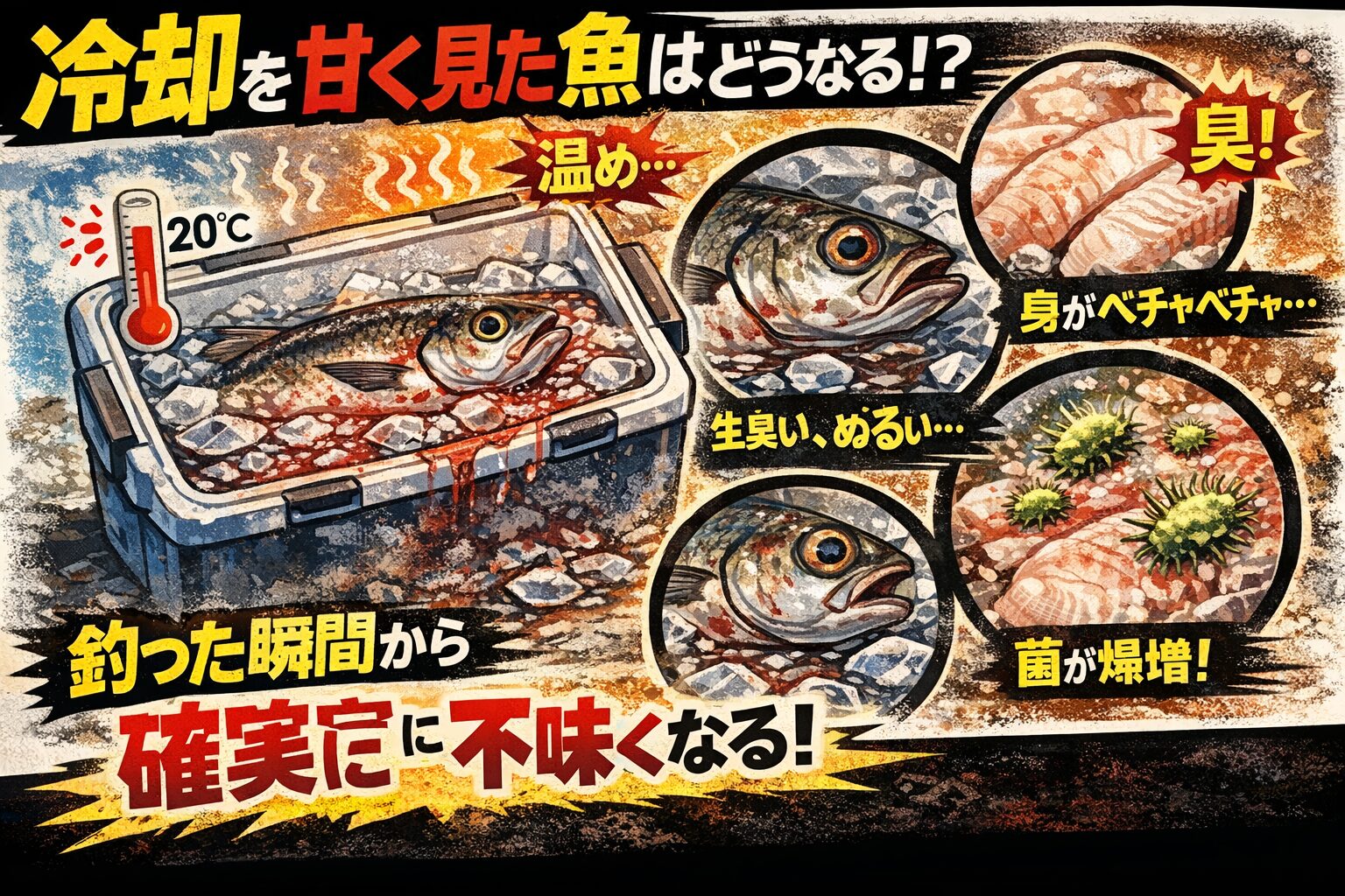 魚と冷却。魚は釣った瞬間から劣化が始まる ・冷却が遅いと自己消化と菌増殖が止まらない。見た目が良くても味は壊れている。釣太郎