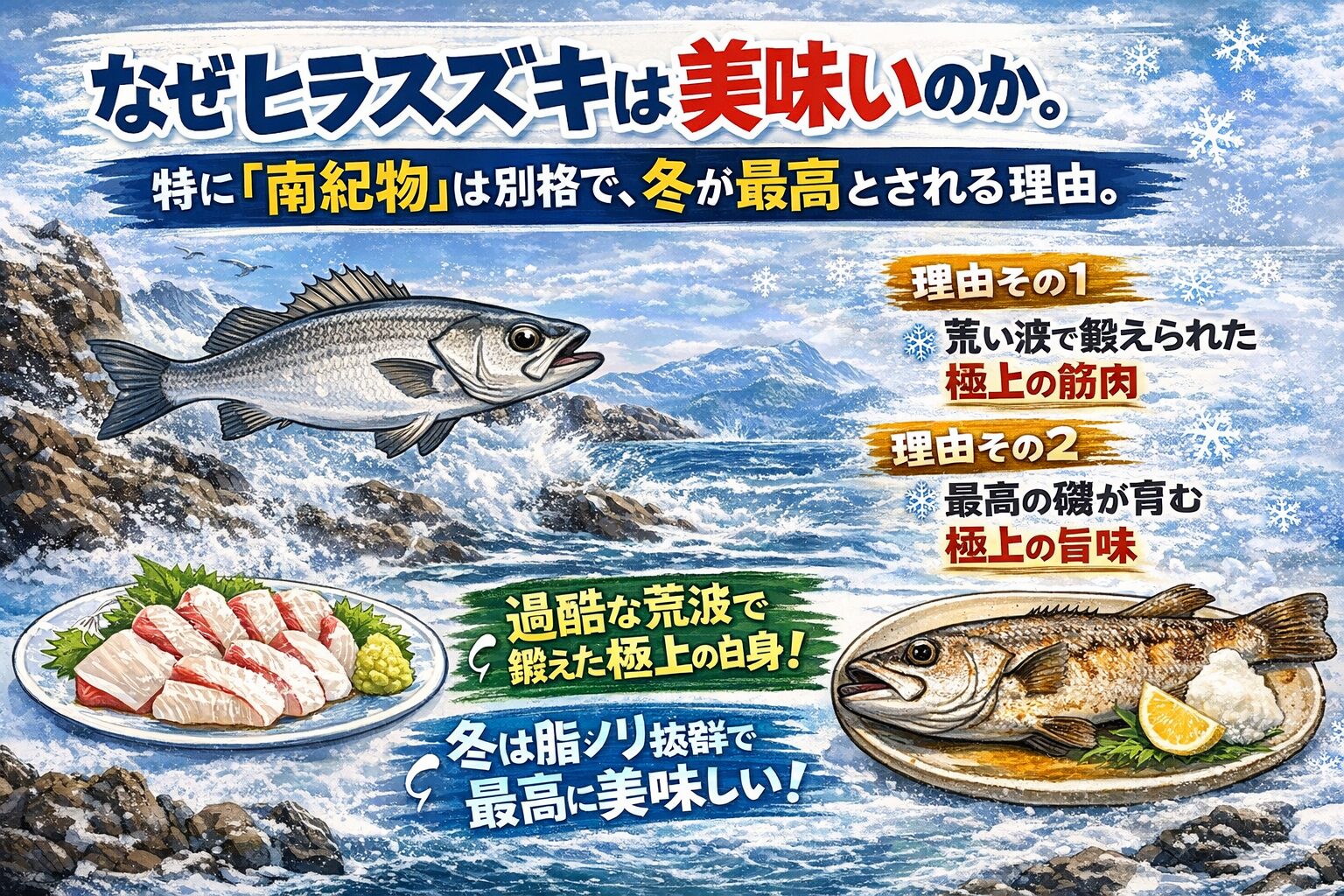 ヒラスズキが美味い理由。南紀物が極上とされる理由。冬が最高な理由。過酷な海で、正しく鍛えられ、最良の時期を迎えているから。釣太郎