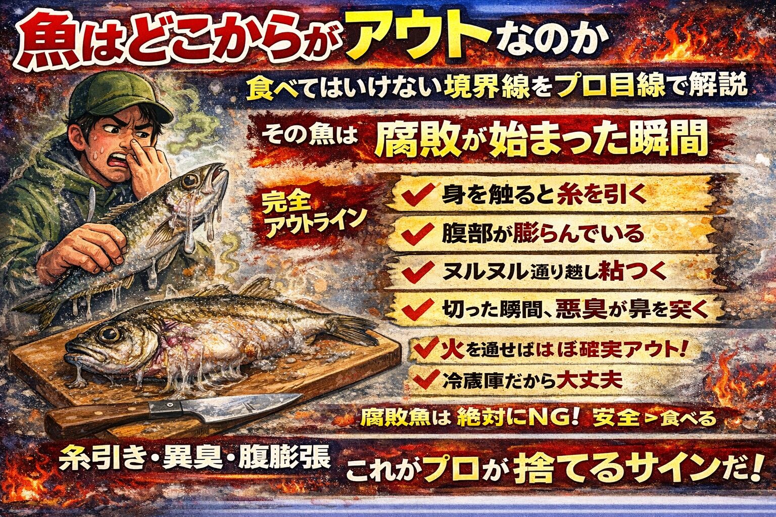 魚がアウトになる境界線は・鮮度低下ではない・劣化でもない・腐敗が始まった瞬間。見極めるポイントは・糸引き・異臭・腹の膨張。釣太郎