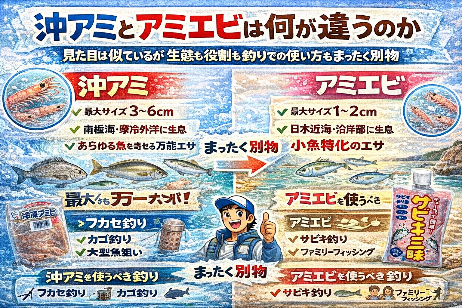 沖アミとアミエビは 別の生物。別の生態。 別の役割。沖アミは万能型。アミエビは小魚特化型。釣太郎