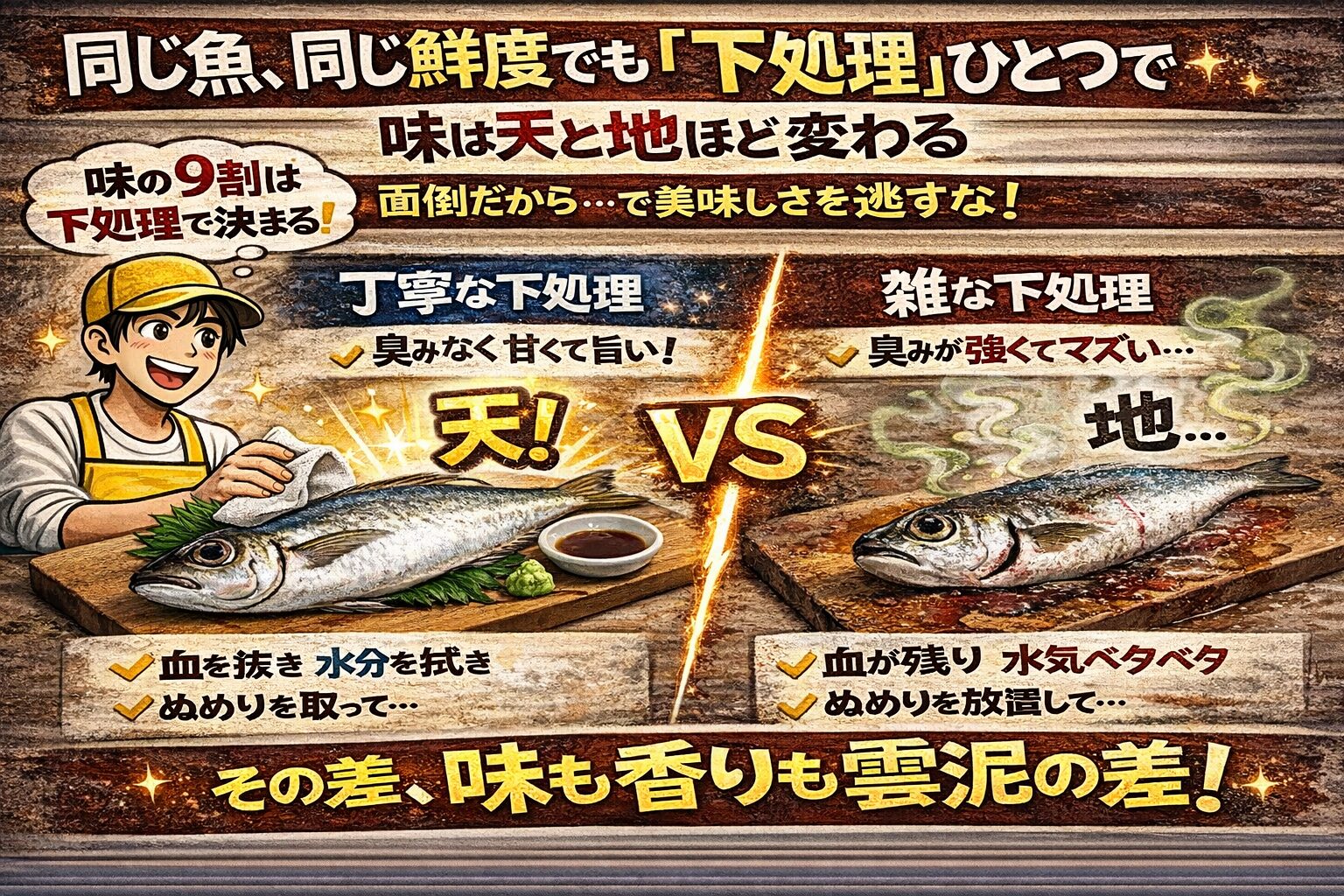 魚料理の味は・鮮度 ・調理法よりも、下処理で決まると言っても過言ではありません。同じ魚 同じ鮮度でも・血・ぬめり・水分この扱い方ひとつで味は別の魚になります。釣太郎