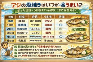 「鮮度＝うまさ」ではない。アジの塩焼きは・釣った当日が最高 ではなく、うま味は時間が作る。2〜3日寝かせる。釣太郎
