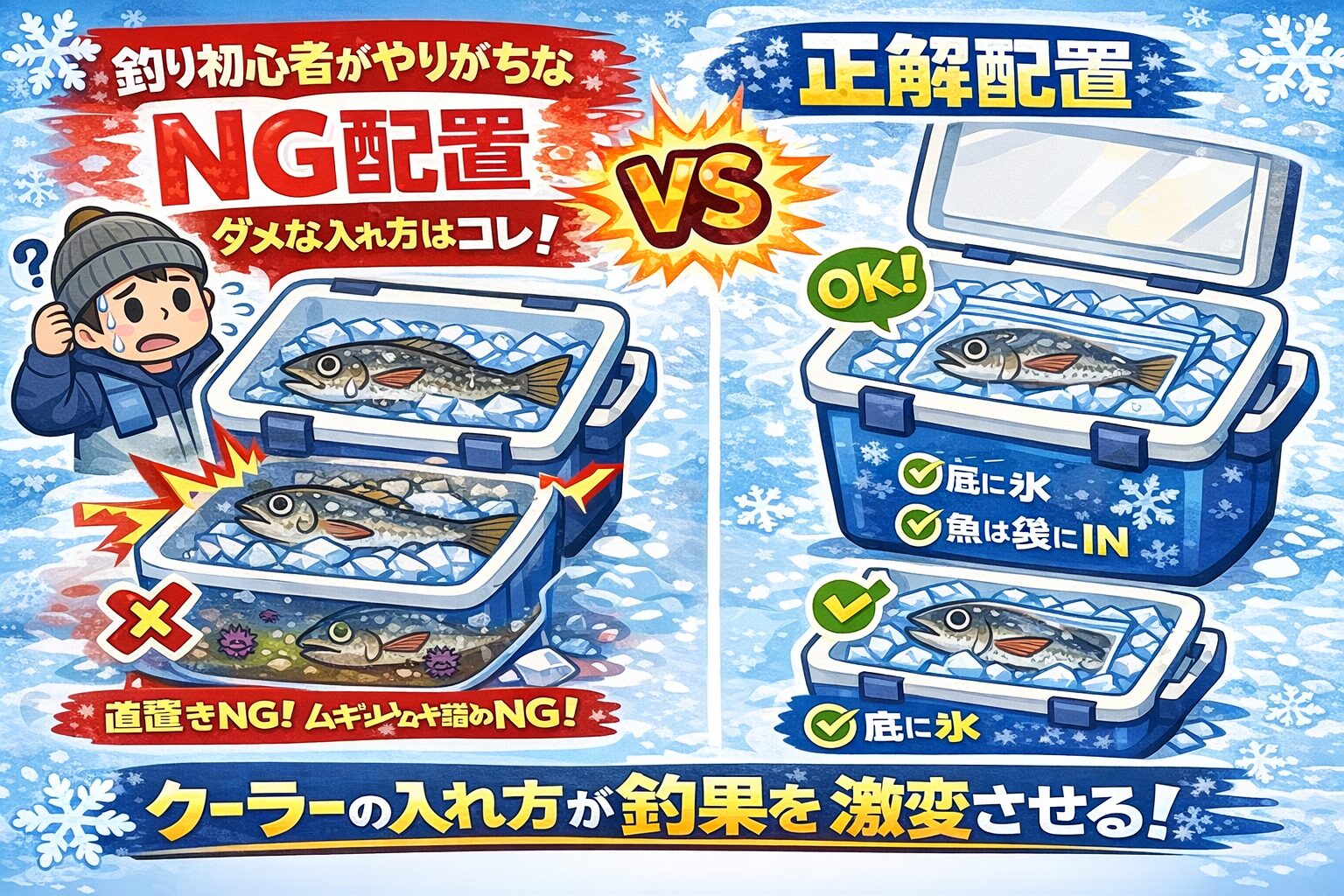 クーラー内魚と氷配置。に落とす・魚の直置き、重ね置きは最悪・水、圧迫、温度変化が劣化原因 ・正しい配置はシンプル ・配置を変えるだけで味は激変する。釣太郎