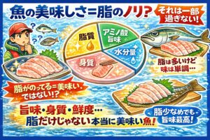 魚の美味しさは、脂だけで決まるものではありません。脂は、美味しさの一部。本当の美味しさは、・旨味・身質・鮮度・バランスこの総合点で決まる。釣太郎