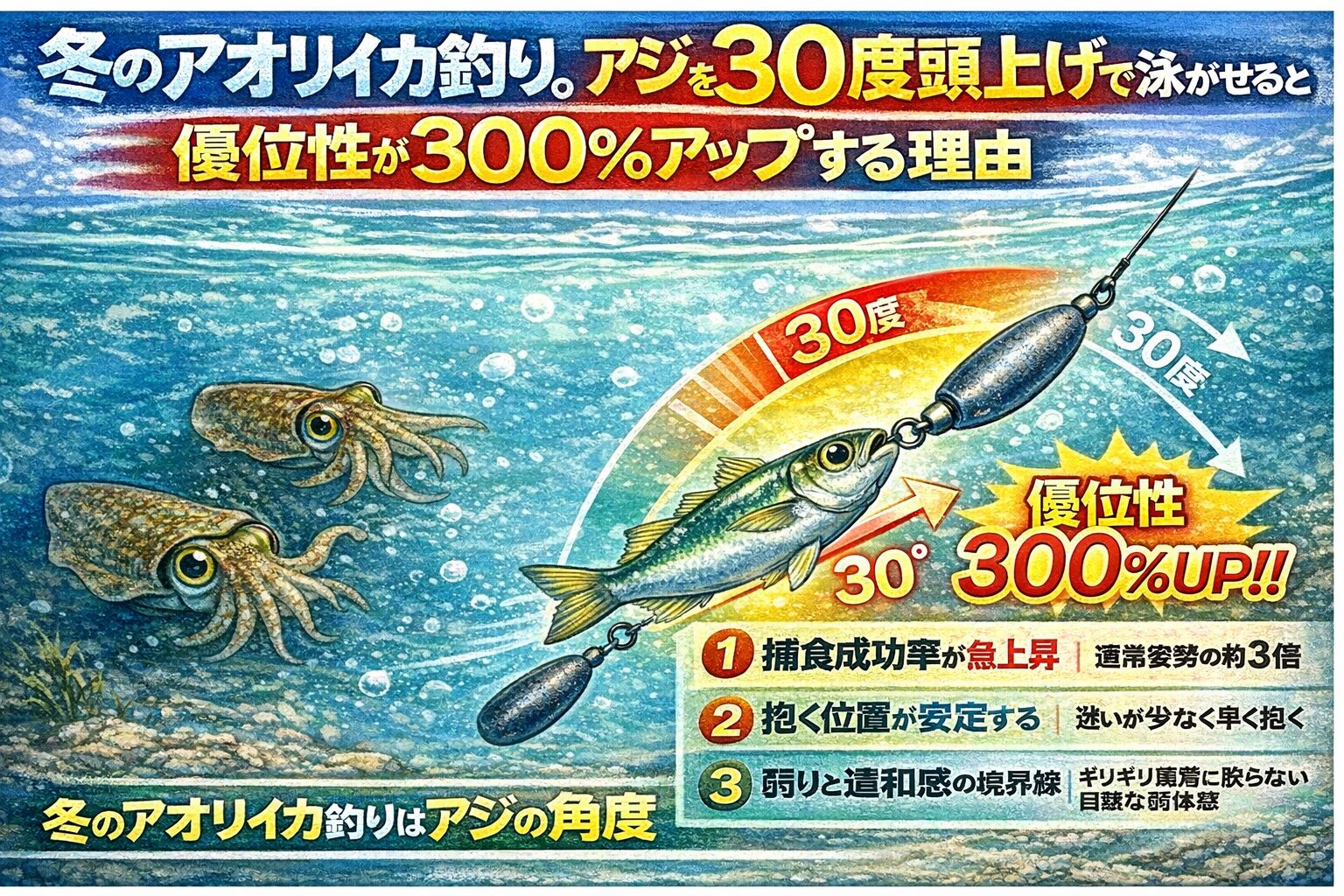 冬のアオリイカ釣り。アジを30度頭上げで泳がせると優位性が300％アップする理由. 釣太郎
