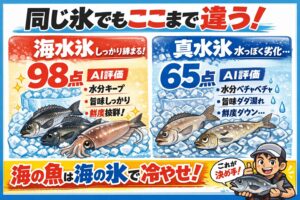 魚の美味しい差は冷却で変わる。・海水氷：98点・真水氷：65点 。苦労して釣った魚。 どうせなら最高の状態で味わいたい。釣太郎