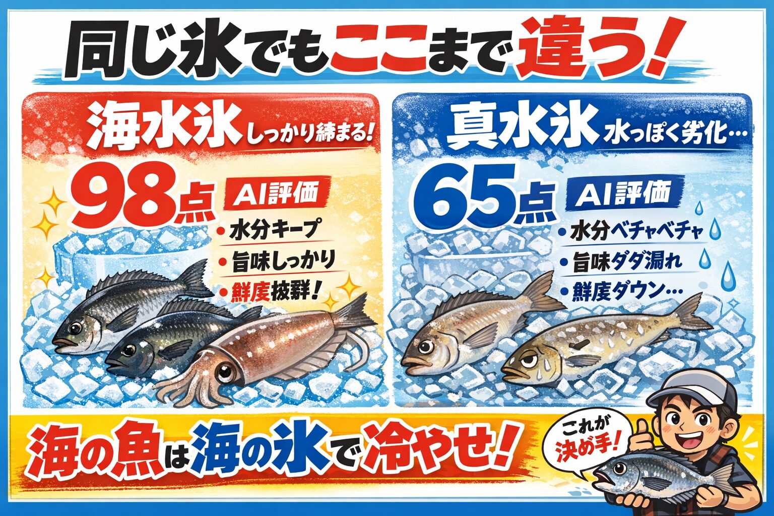 魚の美味しい差は冷却で変わる。・海水氷：98点・真水氷：65点 。苦労して釣った魚。 どうせなら最高の状態で味わいたい。釣太郎