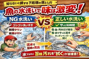 魚の水洗いは、やり方ひとつで「臭い魚」にも「感動する魚」にもなります。洗いすぎない・真水を当てすぎない・拭くことを重視する.釣太郎