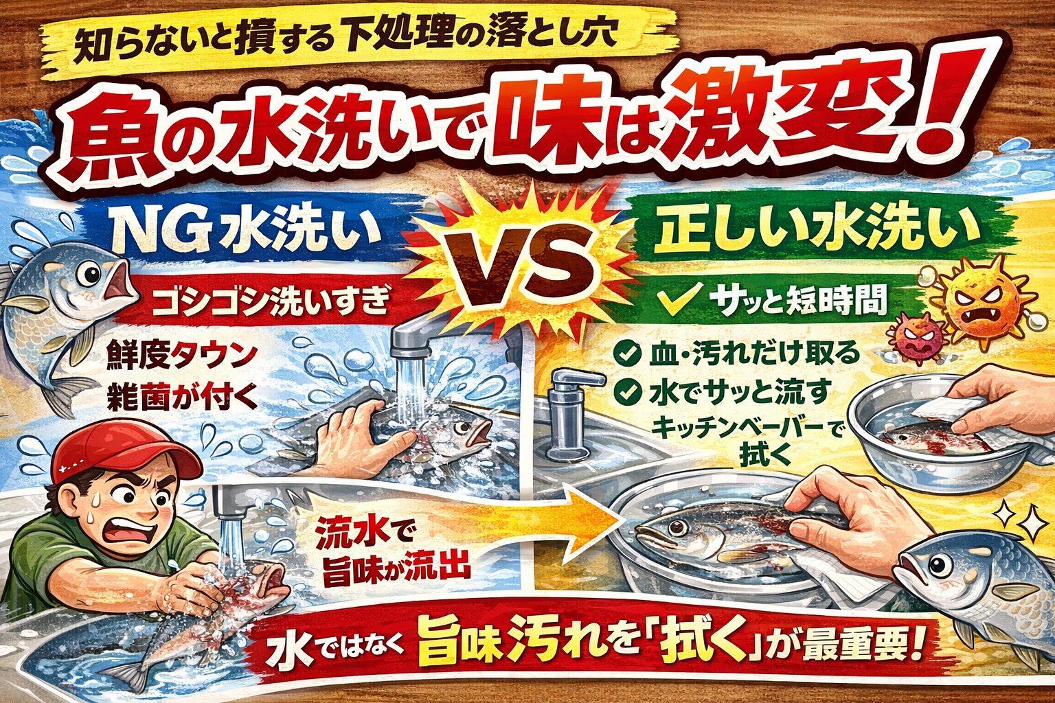 魚の水洗いは、やり方ひとつで「臭い魚」にも「感動する魚」にもなります。洗いすぎない・真水を当てすぎない・拭くことを重視する.釣太郎