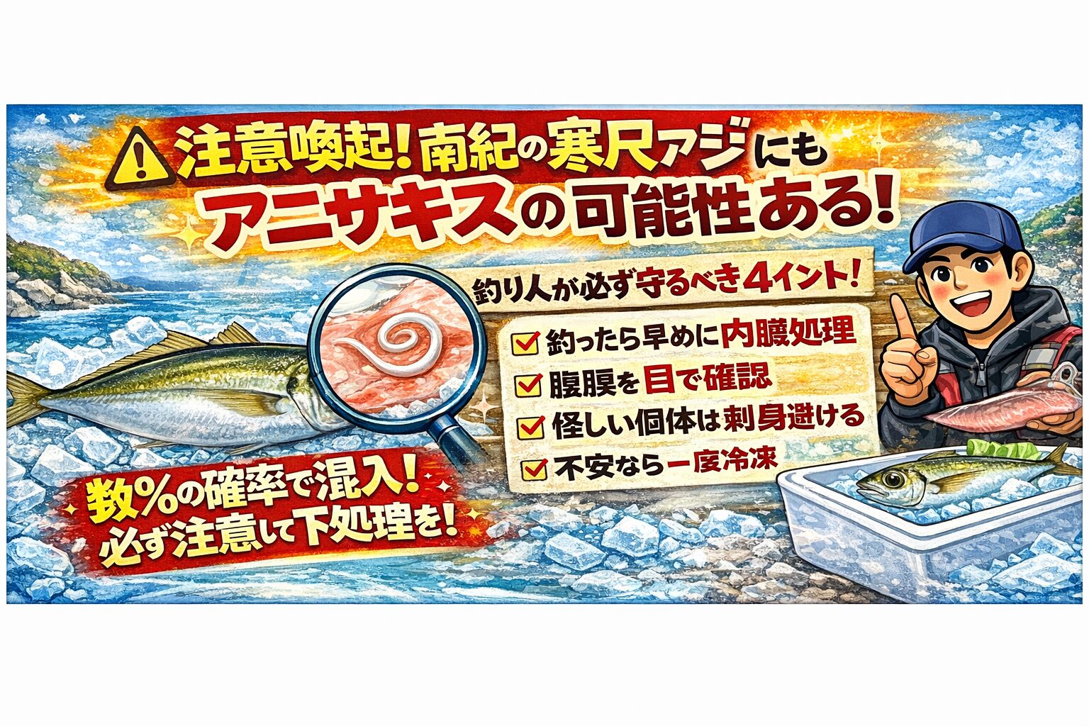 南紀の寒尺アジにもアニサキス混入の可能性はある。発生率は数％と低いがゼロではない。大型個体や回遊型は注意が必要。釣太郎