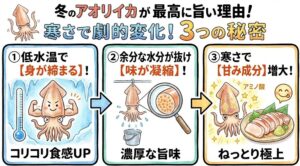 冬のアオリイカが最高に美味しい理由は、水温低下で身が締まり、食感が向上する。余分な水分が抜け、味が濃厚に凝縮される。寒さの中で甘み成分（アミノ酸）が増加する。釣太郎