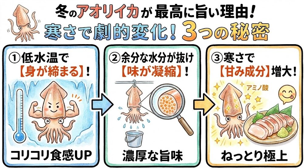 冬のアオリイカが最高に美味しい理由は、水温低下で身が締まり、食感が向上する。余分な水分が抜け、味が濃厚に凝縮される。寒さの中で甘み成分（アミノ酸）が増加する。釣太郎