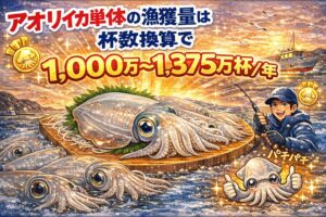 アオリイカ単体の漁獲量は杯数換算で 1,000万〜1,375万杯／年.釣太郎